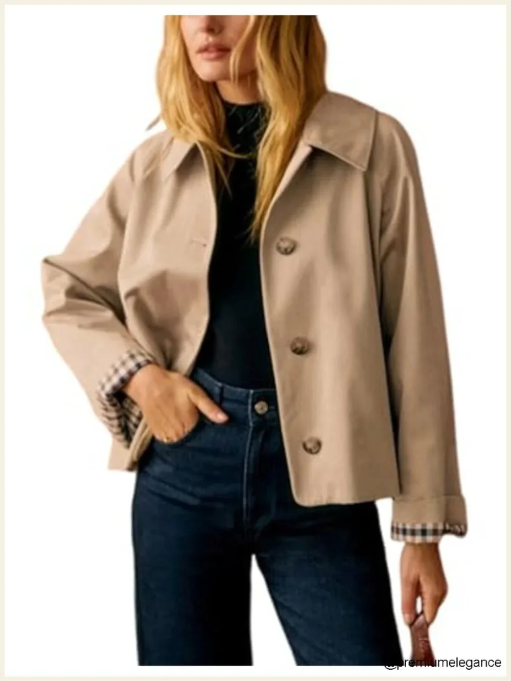 Oversize Trench Coat Plaid Lining Lapel Button Down Casual Crop Jacket with